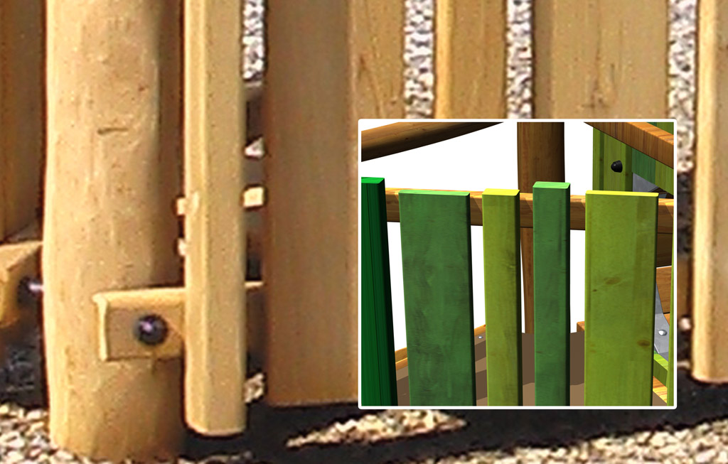 Le balaustre, le pareti di arrampicata, la passerella, la tavoletta e i tunnel